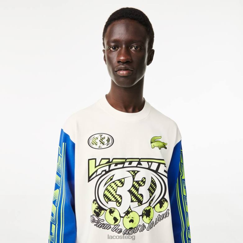 мъже Lacoste бяло/синьо широка тениска с дълъг ръкав и щампа облекло XTV62149