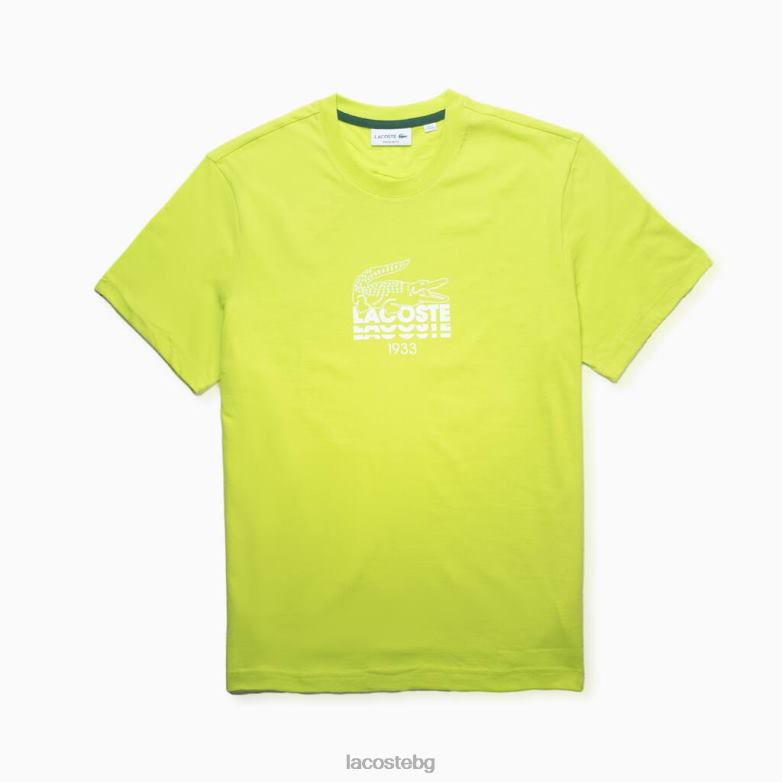 мъже Lacoste жълто памучна тениска с кръгло деколте с марка крокодил облекло XTV621581