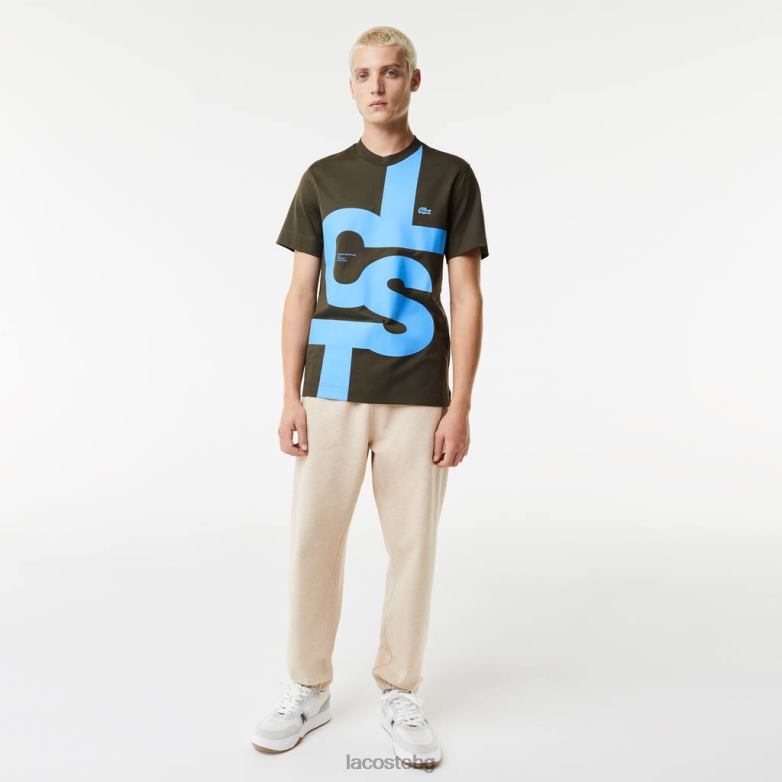 мъже Lacoste каки зелено стандартна памучна тениска с контрастен надпис облекло XTV62567