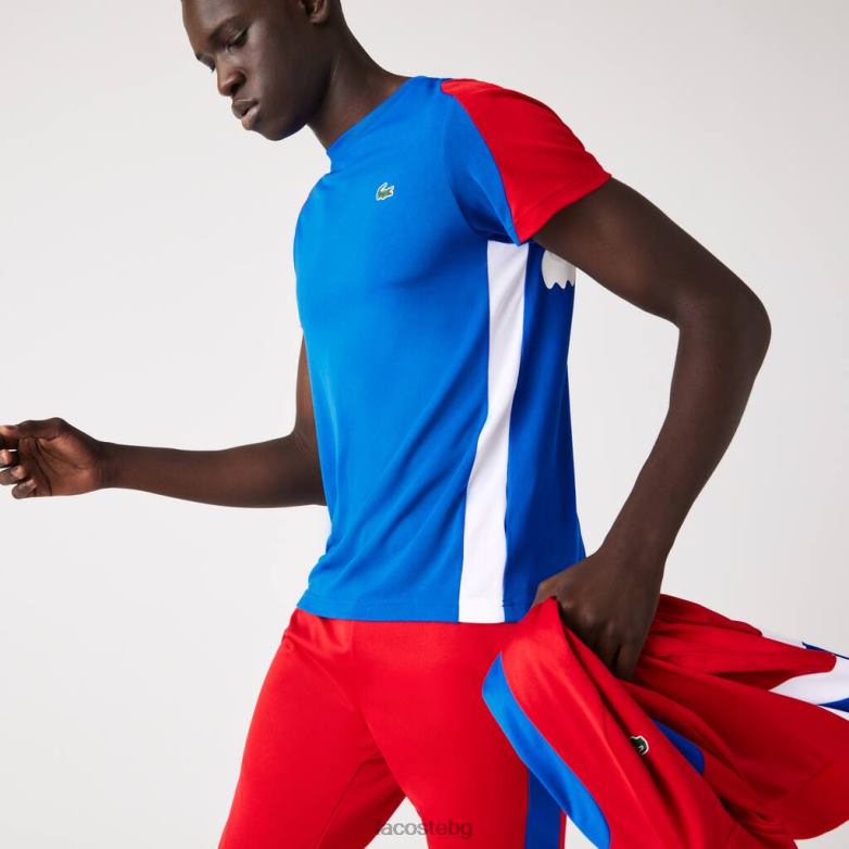 мъже Lacoste синьо/червено/бяло спортна тениска с крокодилски принт облекло XTV62587