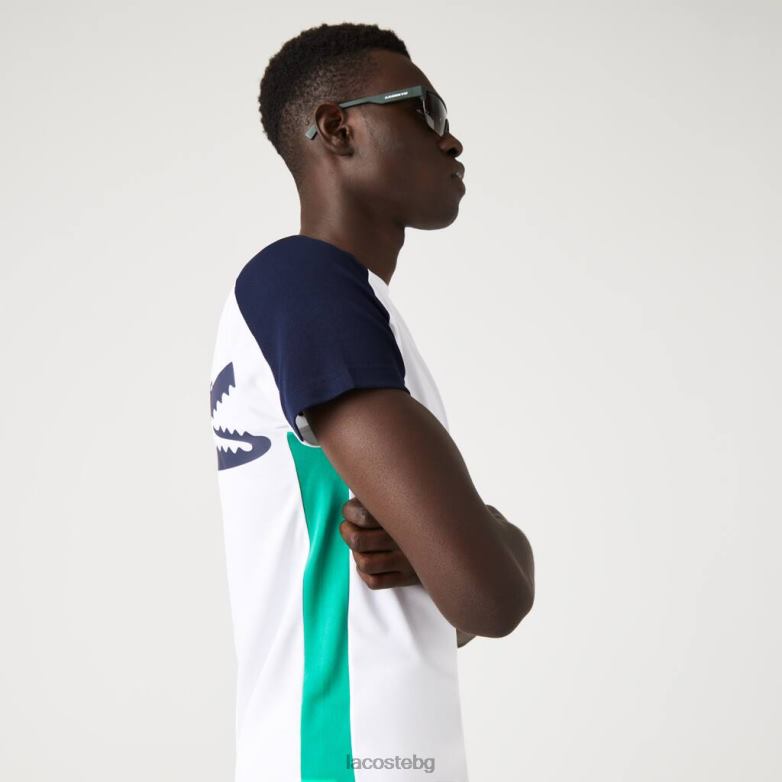 мъже Lacoste бяло/тъмно синьо/зелено спортна тениска с крокодилски принт облекло XTV62588