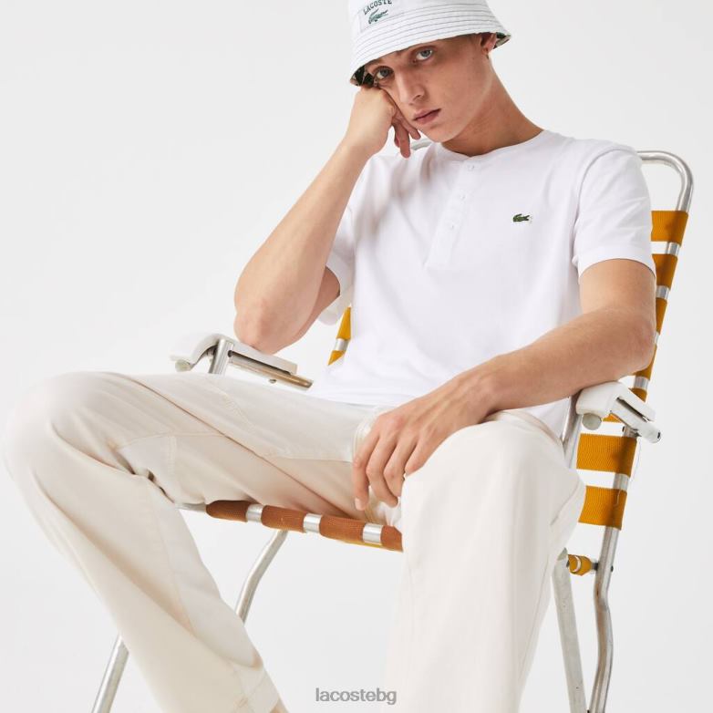мъже Lacoste бяло тениска от памучно трико с деколте с хенли облекло XTV62589