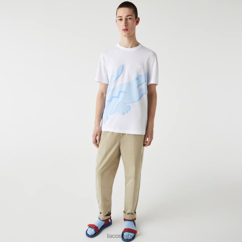 мъже Lacoste бяло Еластична тениска от органичен памук с кръгла яка с крокодилски принт облекло XTV62637