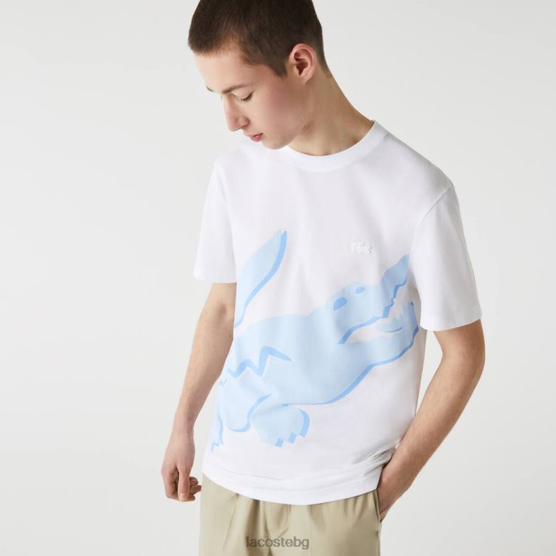 мъже Lacoste бяло Еластична тениска от органичен памук с кръгла яка с крокодилски принт облекло XTV62637