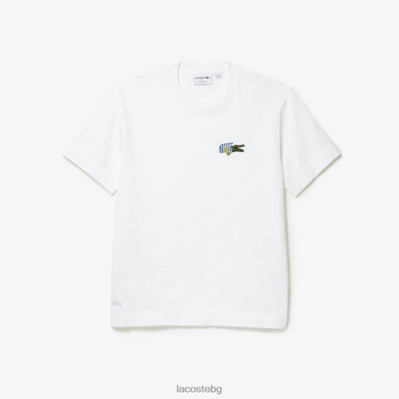 мъже Lacoste бяло спокойна тениска със значка с комичен ефект облекло XTV62743