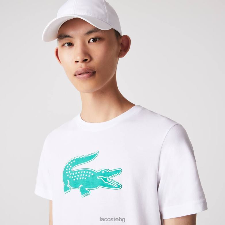 мъже Lacoste бяло/зелено спортна дишаща тениска от триизмерен крокодил от трико облекло XTV62745
