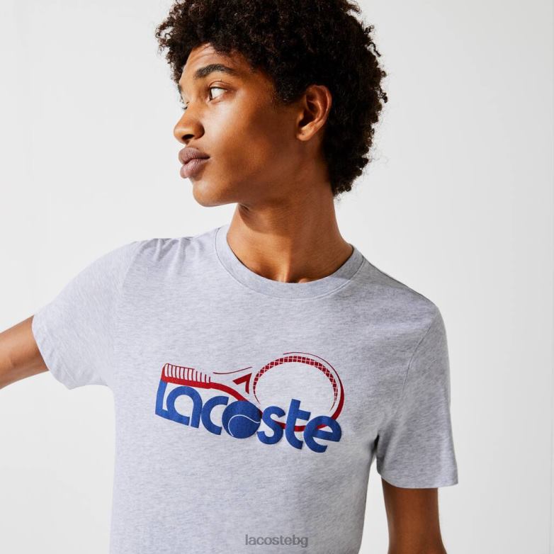 мъже Lacoste сив цвят/синьо/червено дишаща тениска с тениска с кръгло деколте облекло XTV62793