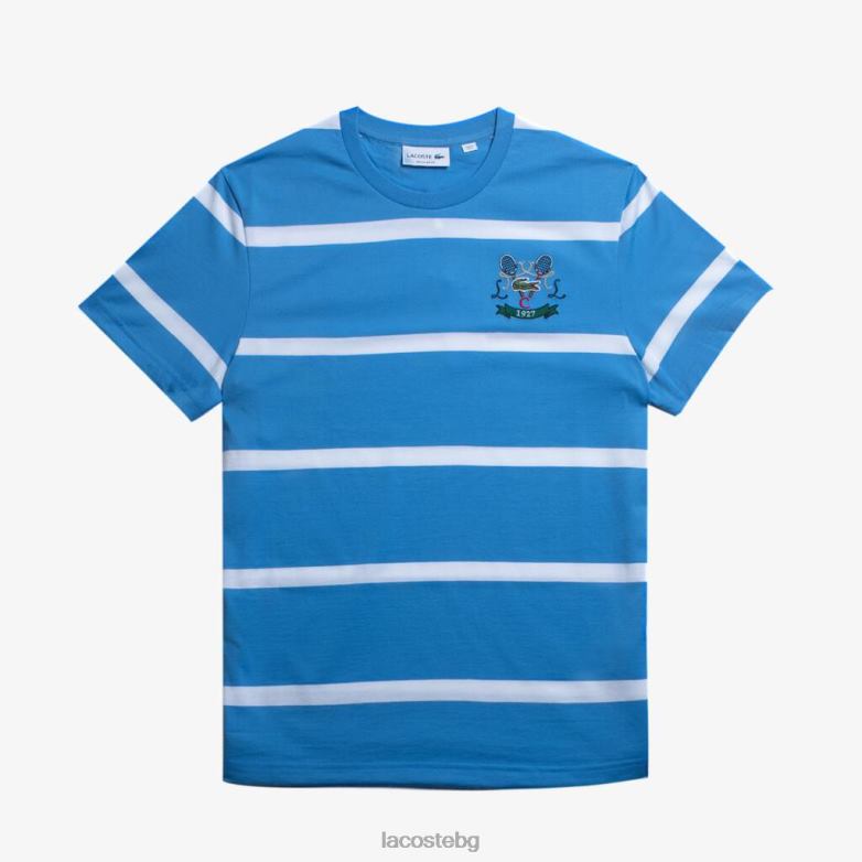 мъже Lacoste синьо/бяло тениска тениска от памучно трико с бродирано деколте облекло XTV62804
