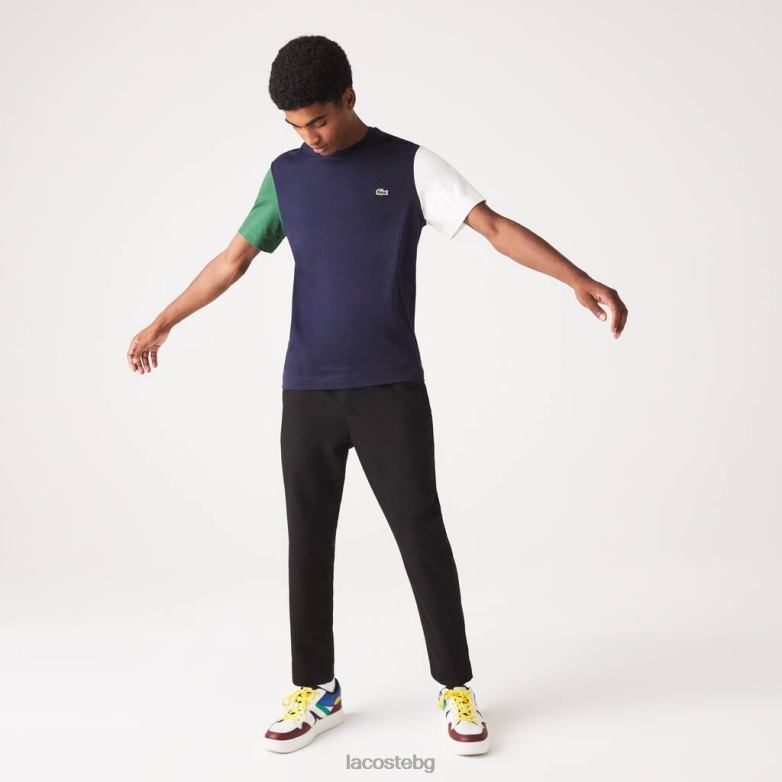 мъже Lacoste тъмносиньо/зелено/бяло стандартна тениска от памучно трико с цветни блокове облекло XTV62814