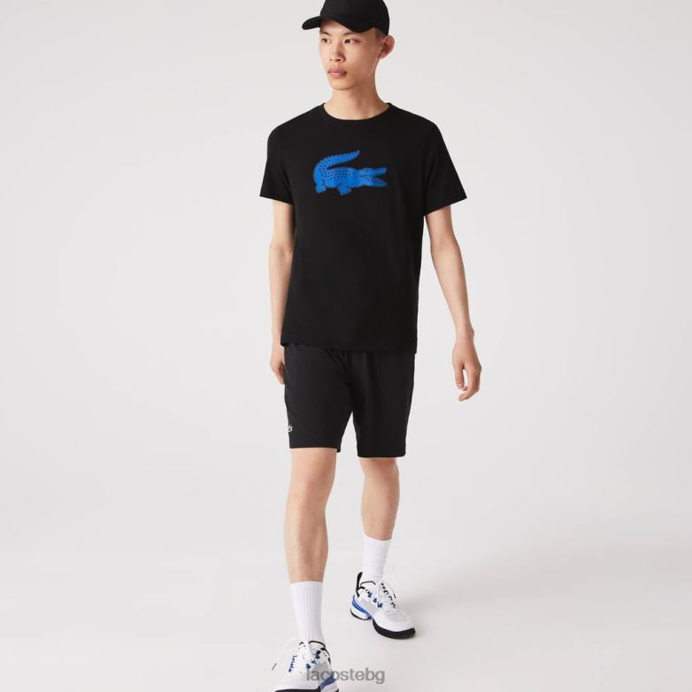 мъже Lacoste черно/синьо спортна дишаща тениска от триизмерен крокодил от трико облекло XTV62836