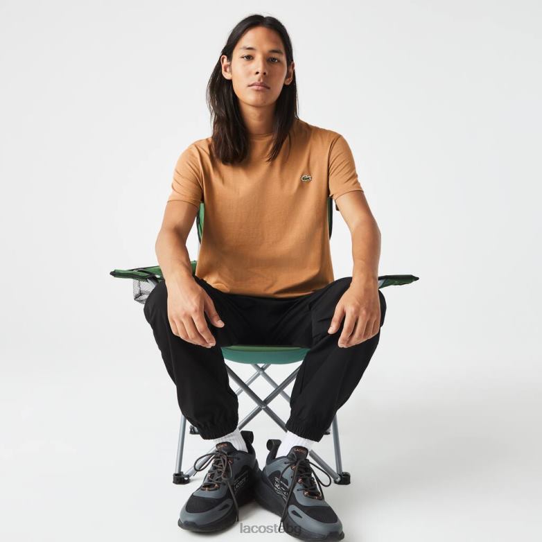 мъже Lacoste кафяво тениска от памучно трико с кръгло деколте облекло XTV62902