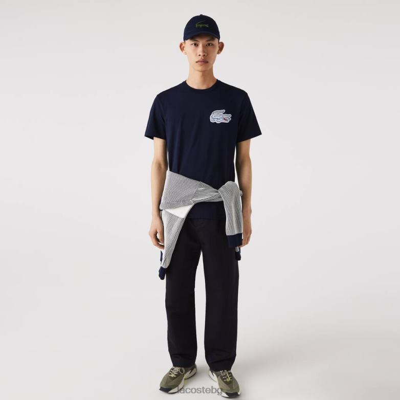 мъже Lacoste тъмносин памучна тениска с кръгло деколте с наследствена значка с крокодил облекло XTV62911