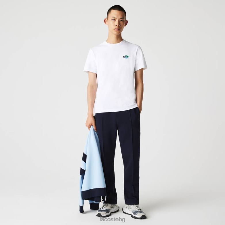 мъже Lacoste бяло тениска от органичен памук с кръгла яка с цветни крокодили облекло XTV62919