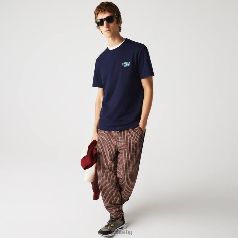 мъже Lacoste тъмносин тениска от органичен памук с кръгла яка с цветни крокодили облекло XTV62920