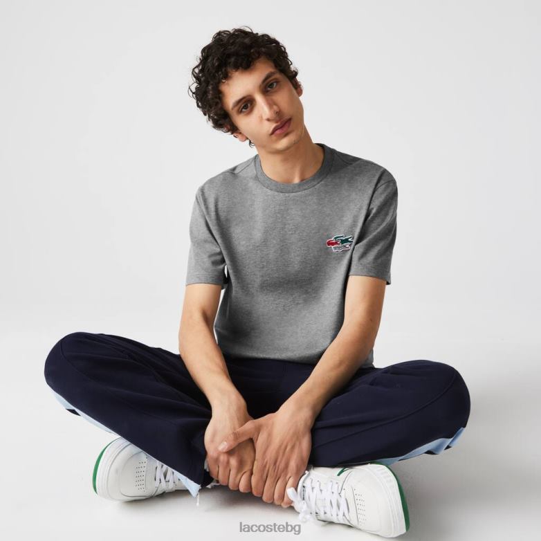 мъже Lacoste сив chine тениска от органичен памук с кръгла яка с цветни крокодили облекло XTV62921