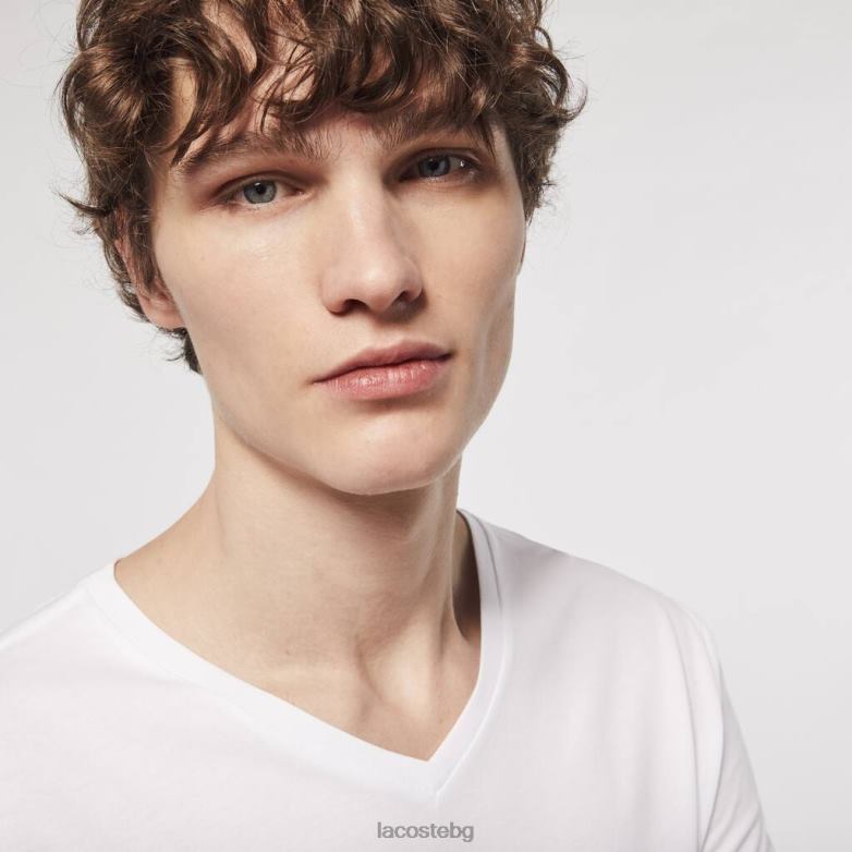 мъже Lacoste бяло памучна тениска с v-образно деколте 3 бр облекло XTV621335