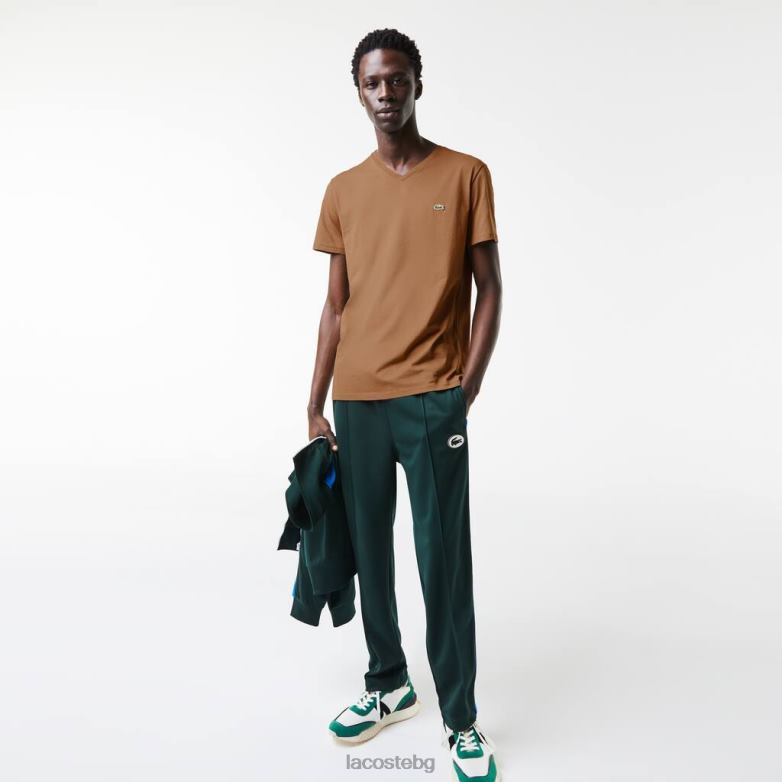 мъже Lacoste кафяво тениска от памучно трико с v-образно деколте облекло XTV62613