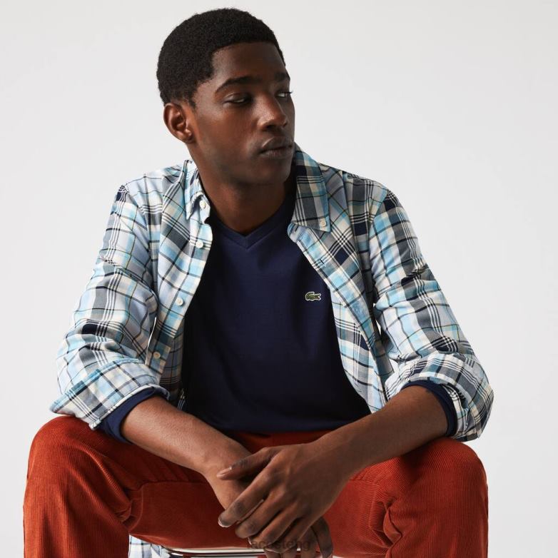 мъже Lacoste тъмносин Лека тениска от памучно трико с v-образно деколте облекло XTV62674