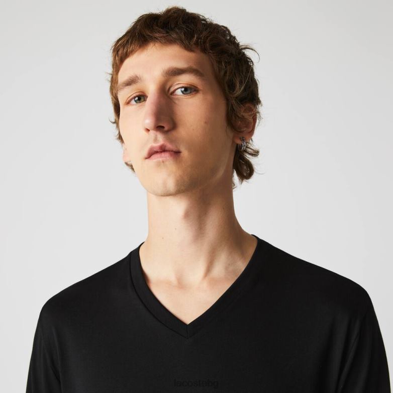 мъже Lacoste черен Лека тениска от памучно трико с v-образно деколте облекло XTV62676