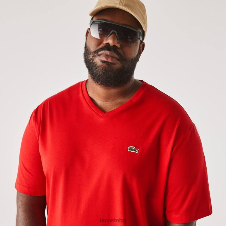 мъже Lacoste червен тениска от трико с v-образно деколте облекло XTV62733