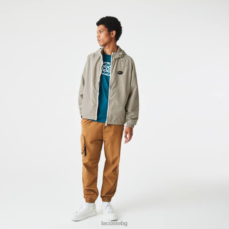 мъже Lacoste бежово/тъмносиньо/бяло/каки зелено карирано яке с качулка облекло XTV621232