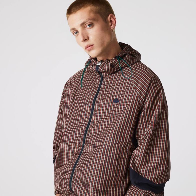 мъже Lacoste тъмносиньо/бяло светло карирано яке с качулка с цип облекло XTV621278