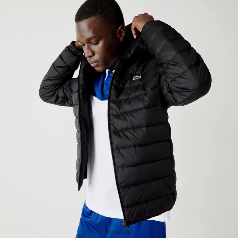 мъже Lacoste черен спортно водоустойчиво ватирано яке с качулка облекло XTV621319