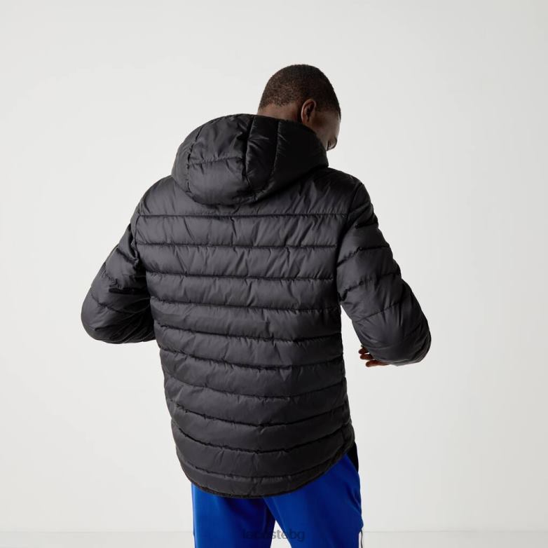 мъже Lacoste черен спортно водоустойчиво ватирано яке с качулка облекло XTV621319