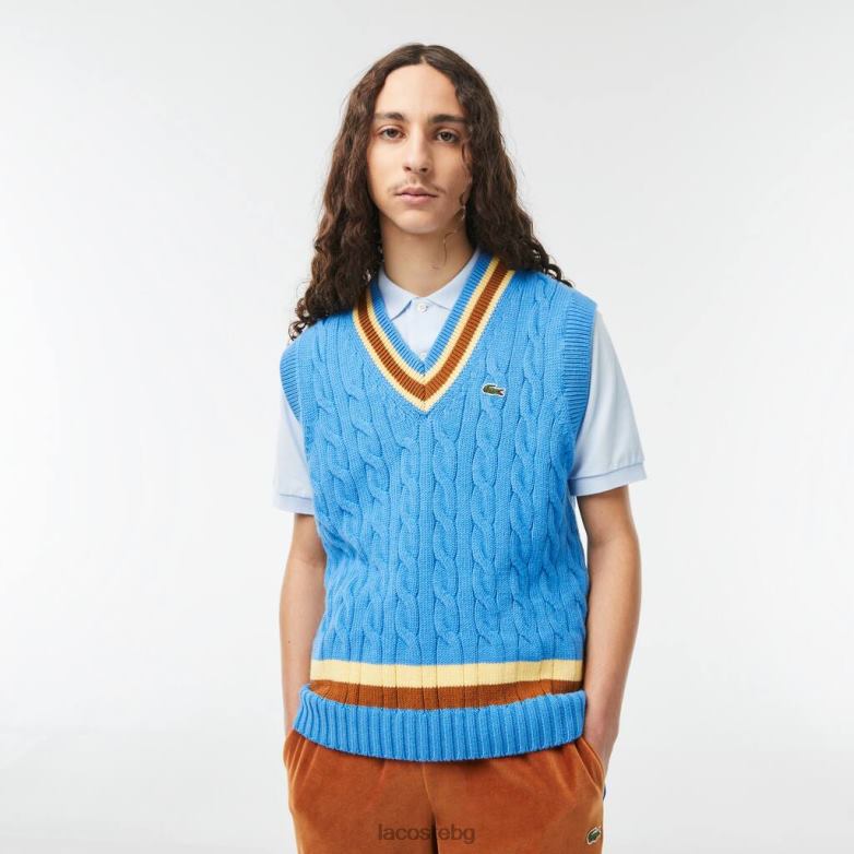мъже Lacoste синьо/кафяво/жълто жилетка с класически вълнен пуловер облекло XTV621470