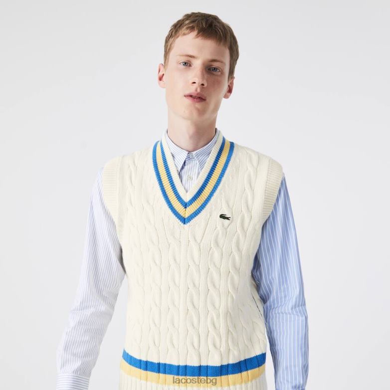 мъже Lacoste бяло/жълто/синьо жилетка с класически вълнен пуловер облекло XTV621471