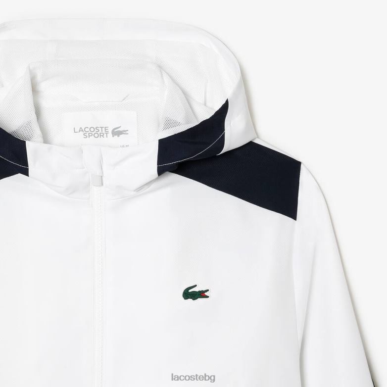 мъже Lacoste бяло/тъмносиньо/жълто тенис яке с качулка от рециклиран полиестер облекло XTV62381
