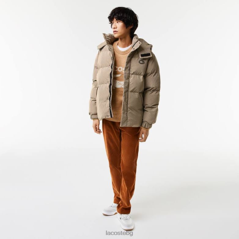 мъже Lacoste бежово/тъмносиньо/бяло/каки зелено водоотблъскващо подплатено яке от кариран кепър облекло XTV62399
