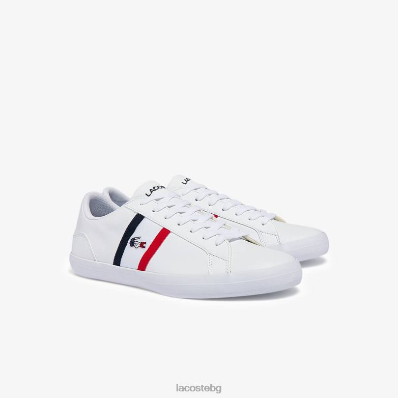 мъже Lacoste бяло, морско и червено кожени и синтетични маратонки lerond tricolore обувки XTV621914