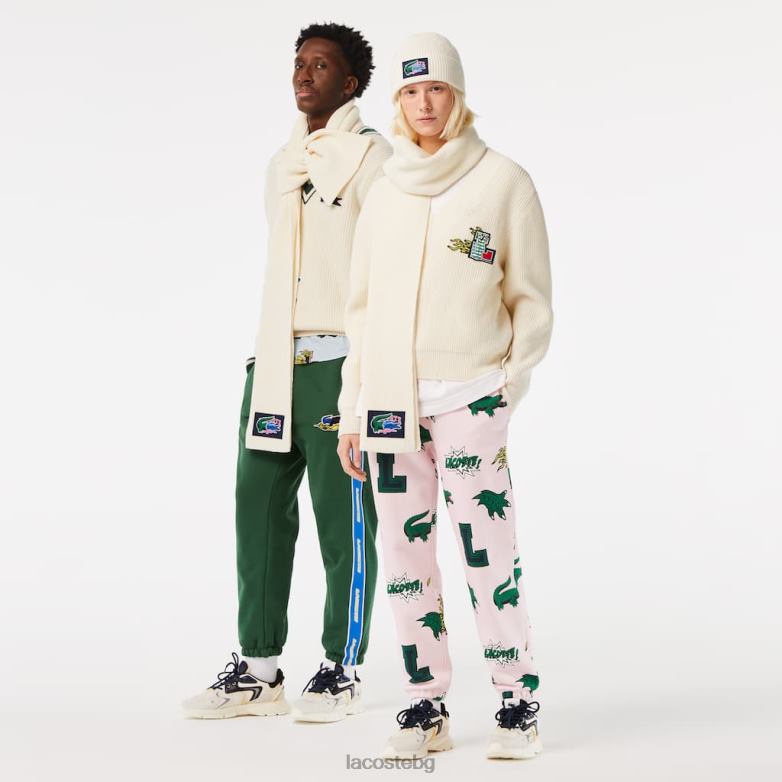 унисекс Lacoste бяло подаръчен комплект шапка и шал от оребрена вълна аксесоари XTV621690