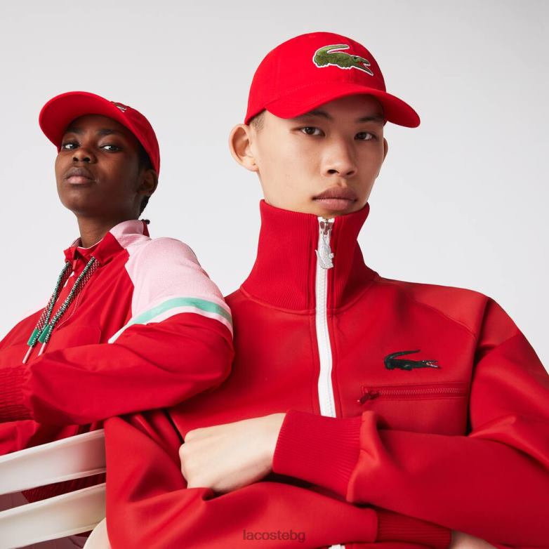 унисекс Lacoste червен контрастна каишка и голяма памучна шапка с крокодилска форма аксесоари XTV622289
