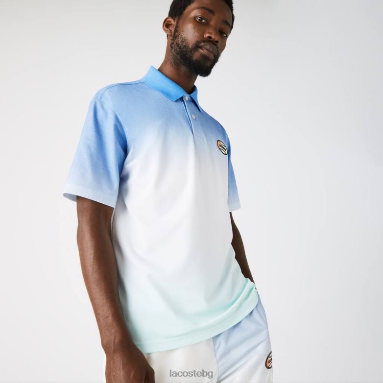 унисекс Lacoste синьо/бяло/тюркоазено свободно памучно поло с градиен принт на живо облекло XTV62838
