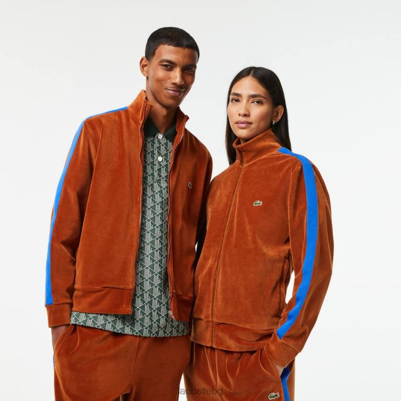 унисекс Lacoste кафяво стандартен суичър с кадифен цип облекло XTV621117