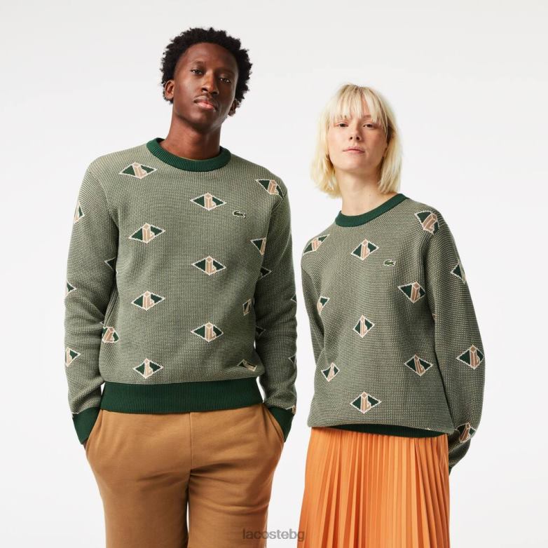 унисекс Lacoste зелено/бежово/бяло пуловер с класически модел монограм облекло XTV621504