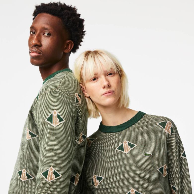 унисекс Lacoste зелено/бежово/бяло пуловер с класически модел монограм облекло XTV621504