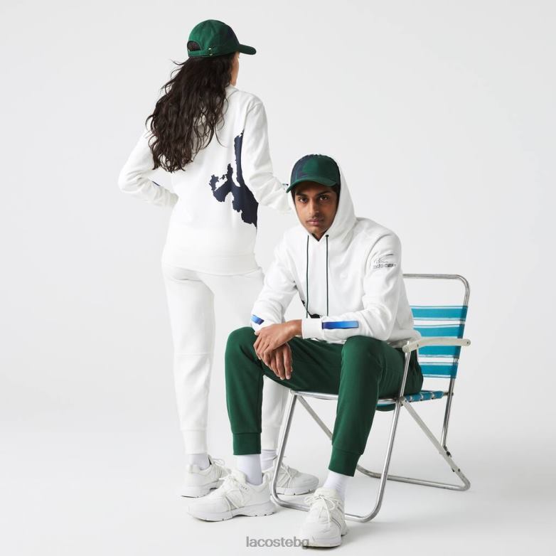 унисекс Lacoste бяло/тъмно синьо/зелено sport x theo curin качулка от органичен памук облекло XTV621124