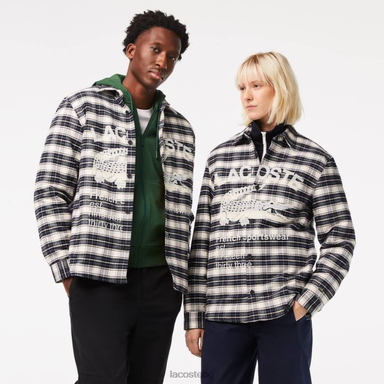 унисекс Lacoste бяло/черно/синьо тениска с марков кариран принт облекло XTV621393