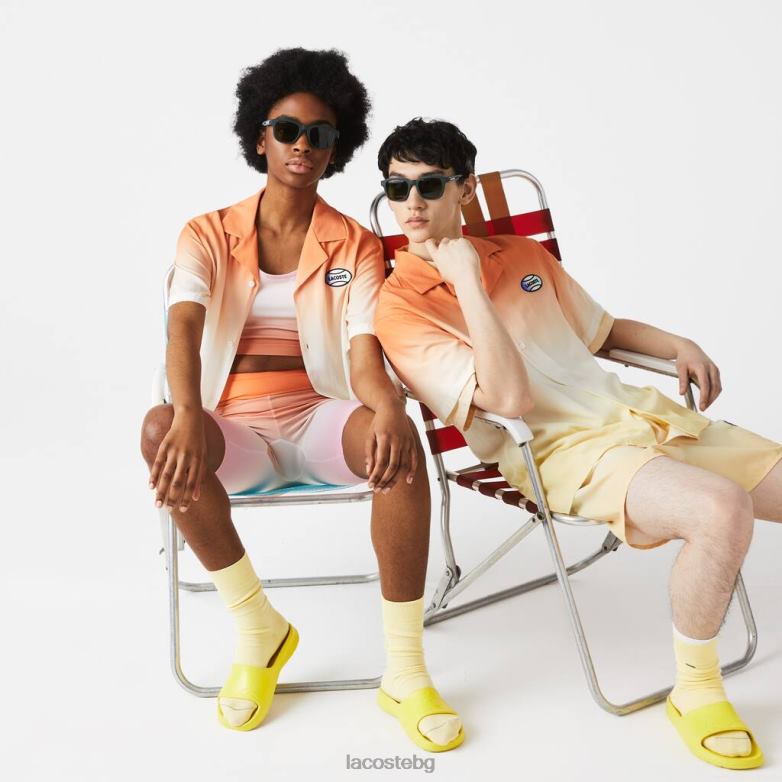 унисекс Lacoste оранжево/бяло/жълто риза със щампа с градиенти на живо в спокойна кройка облекло XTV621584