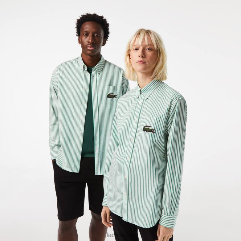 унисекс Lacoste бяло/зелено спокойна памучна риза с голяма крокодилска кройка облекло XTV62411