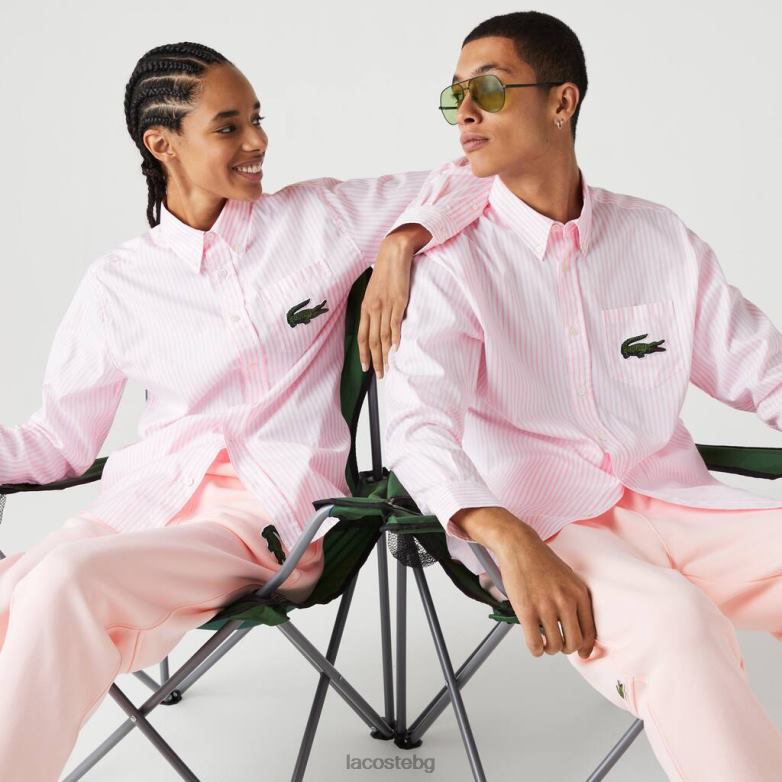 унисекс Lacoste бяло/светло розово спокойна памучна риза с голяма крокодилска кройка облекло XTV62412