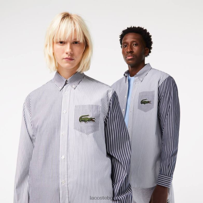 унисекс Lacoste бяло/тъмно синьо памучна риза с големи крокодилски райета облекло XTV62493