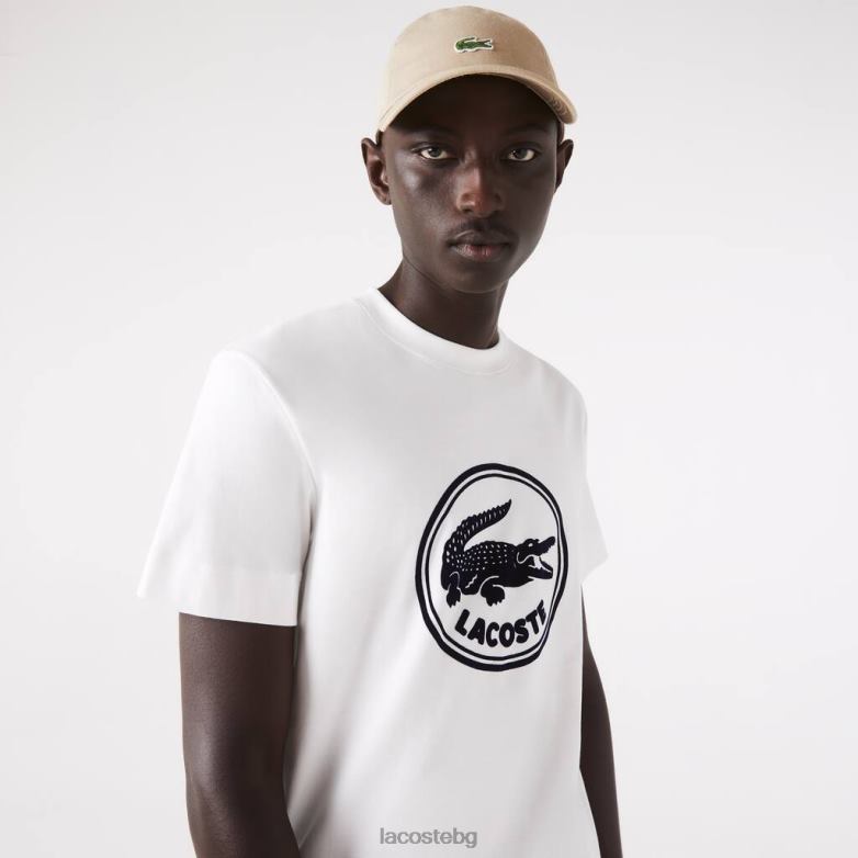 унисекс Lacoste бяло памучна тениска с кръгло деколте с 3D отпечатано лого облекло XTV62906