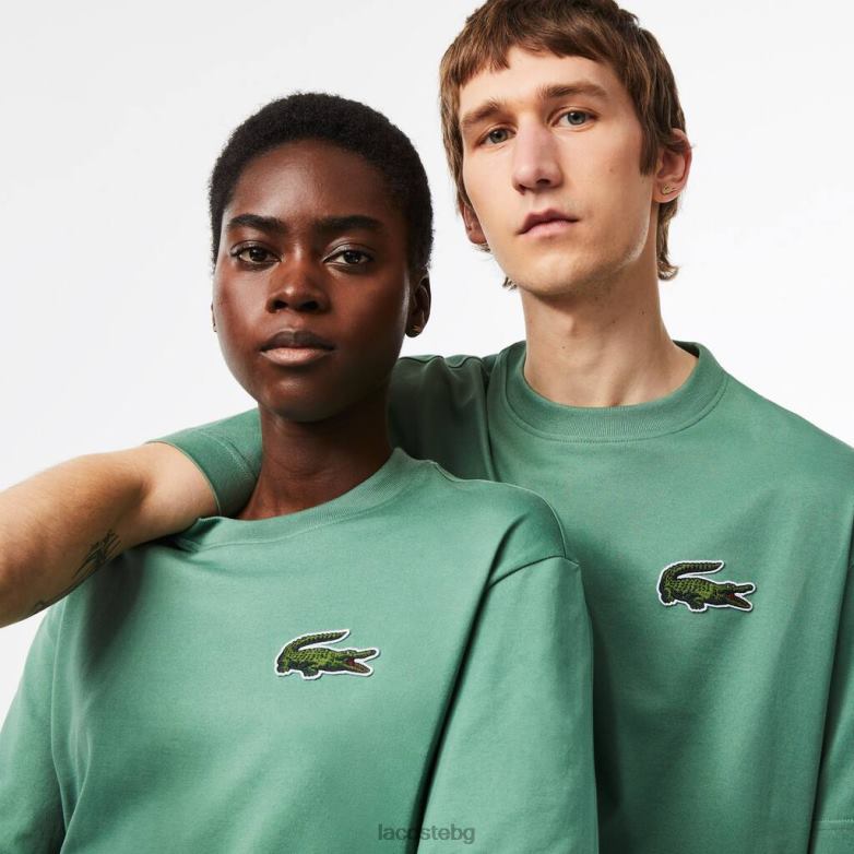 унисекс Lacoste каки зелено широка тениска от органичен памук с крокодилска кройка облекло XTV62125