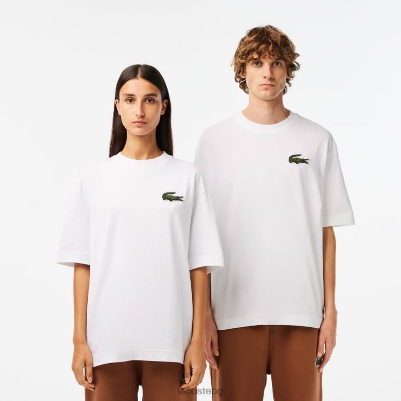 унисекс Lacoste бяло широка тениска от органичен памук с крокодилска кройка облекло XTV6275