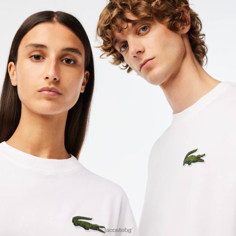унисекс Lacoste бяло широка тениска от органичен памук с крокодилска кройка облекло XTV6275