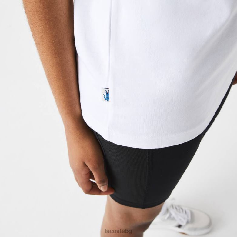 унисекс Lacoste бяло/синьо/жълто жива памучна тениска облекло XTV62941